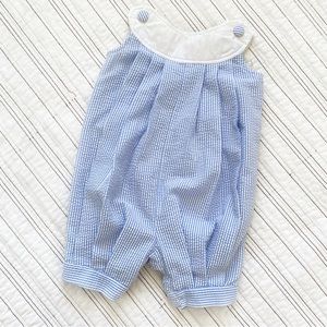Daisies And Doodlebugs Seersucker Bubble Romper Blue & White Baby Girl 12 months